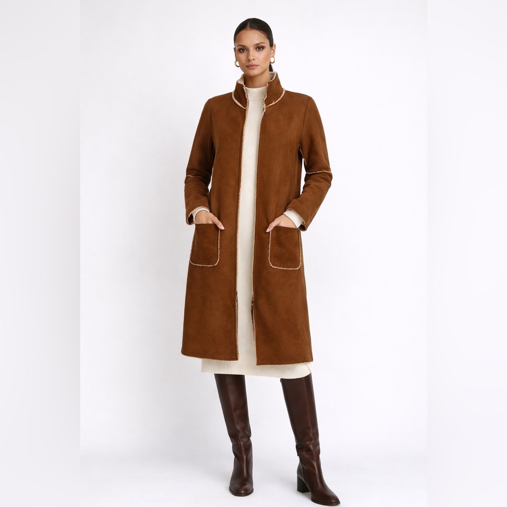 Velvet Faux Shearling Zip Coat – Brown Tan Teddy Jacket medium